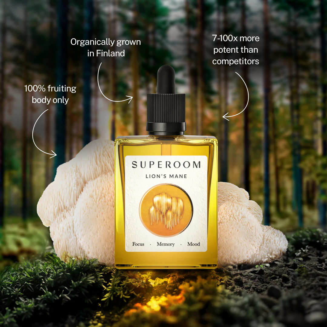 Superoom Lion's Mane — organically grown in Finland, 7-100x more potent