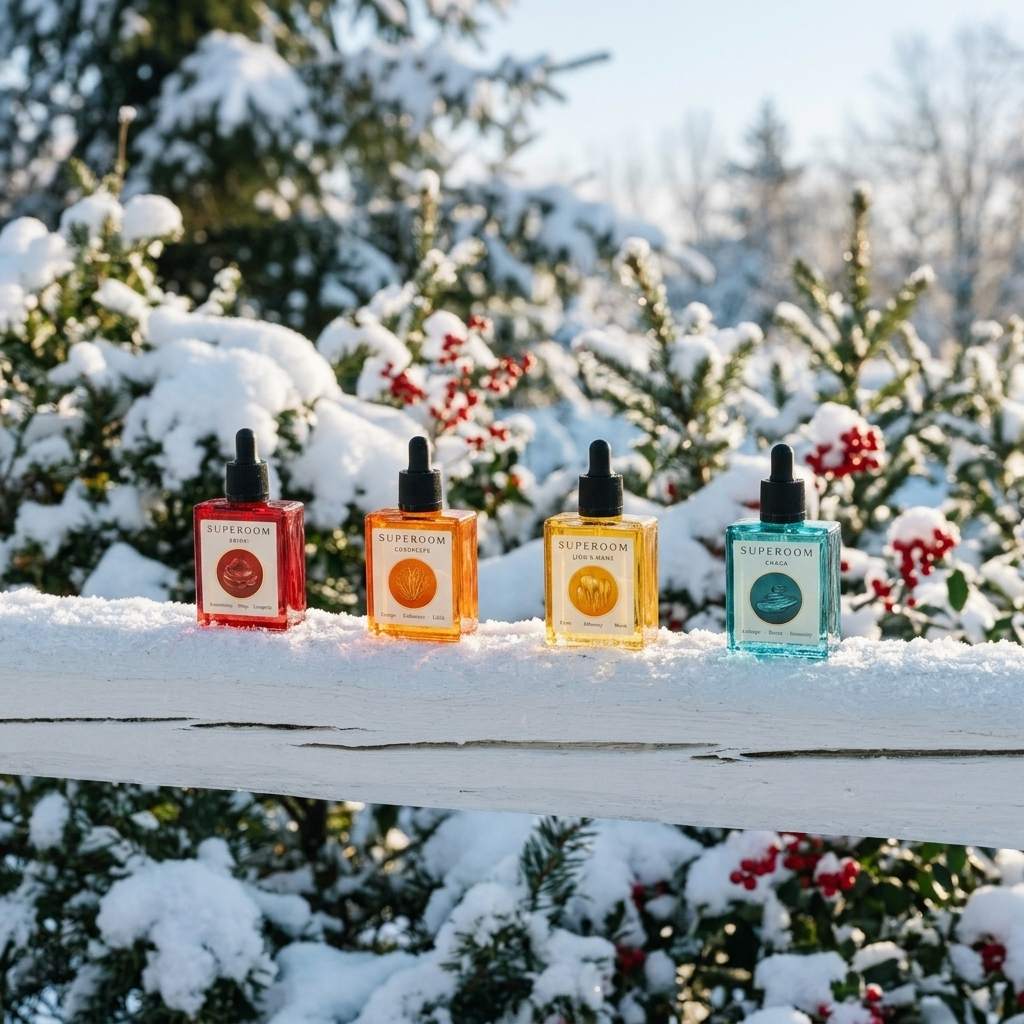 The Collection: all four Superoom formulas on a snowy winter ledge