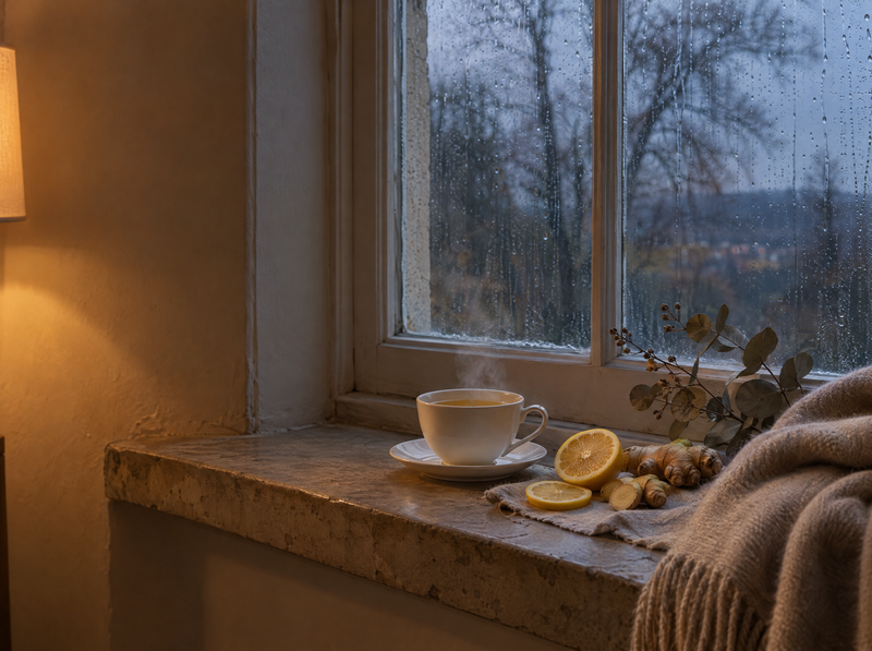 A steaming cup of lemon and ginger tea on a stone windowsill, rain on the window at dusk