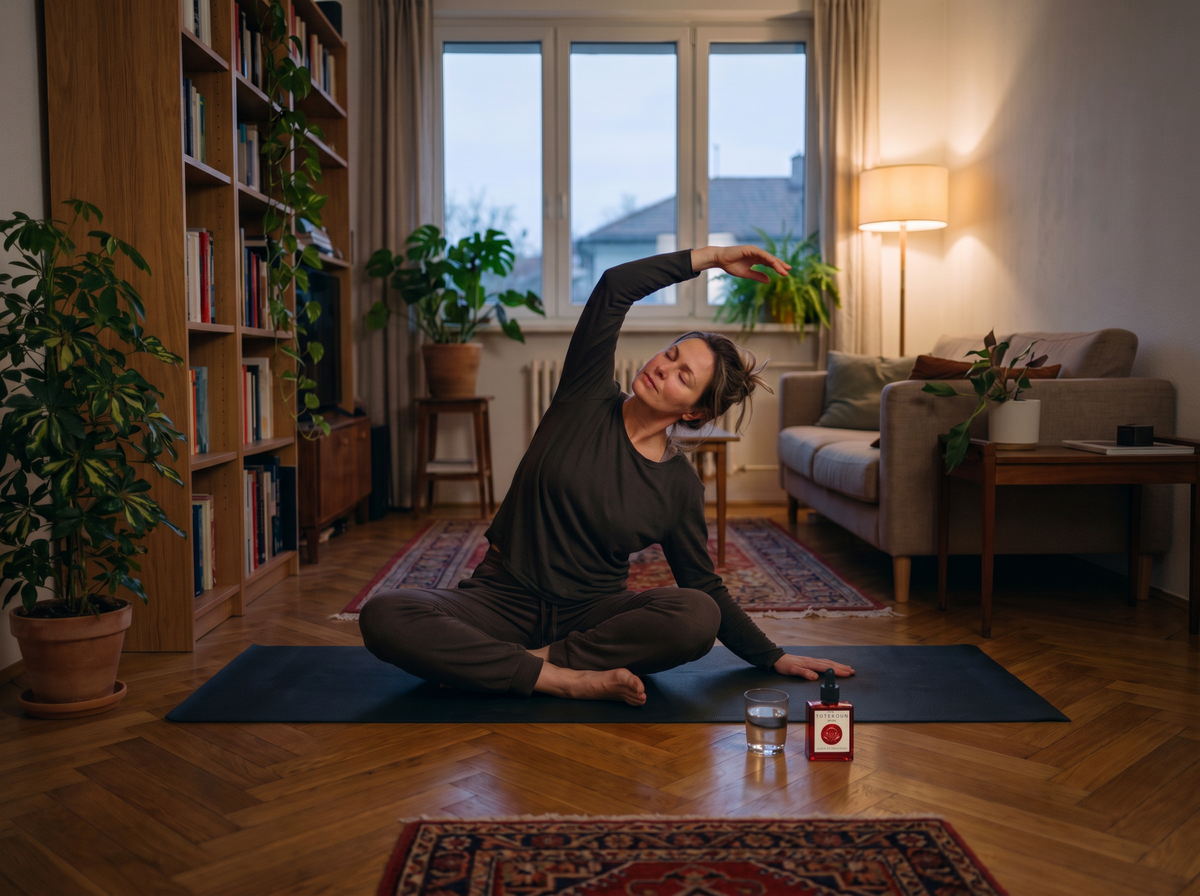 Woman stretching in the evening with Superoom Reishi