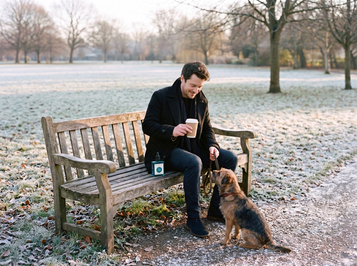 Man on a frosty dog walk with Superoom Chaga