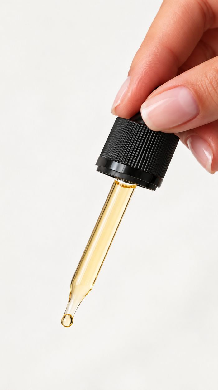 A pipette filled to the black collar, held against a white background