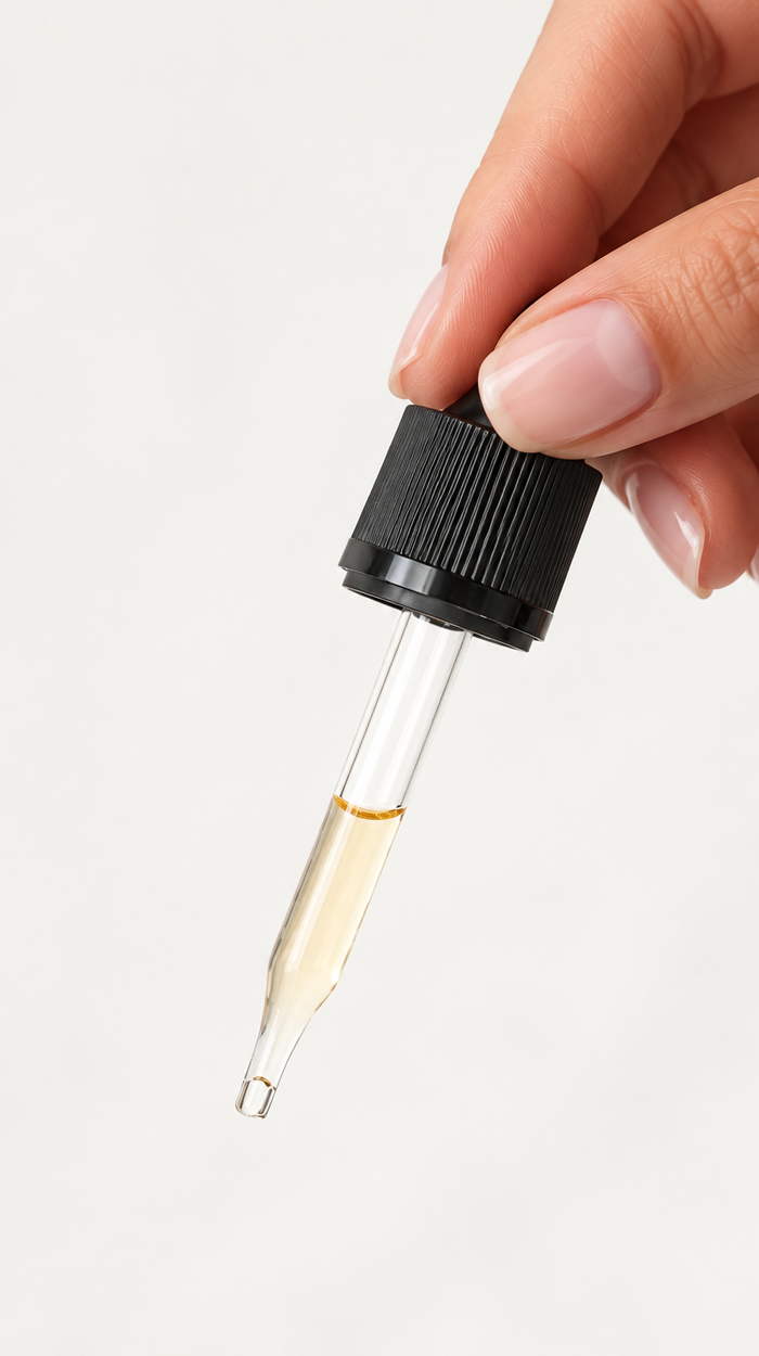 A pipette drawn up to about halfway, held against a white background